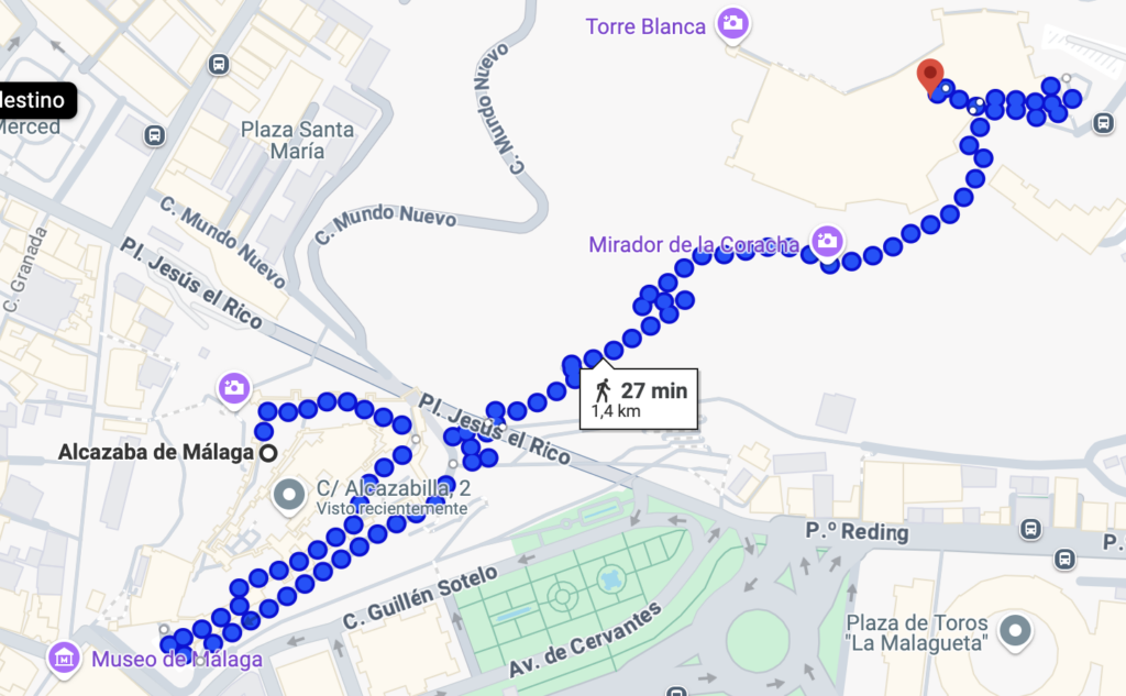 Recorrido a pie desde la Alcazaba de Málaga al Castillo de Gibralfaro.